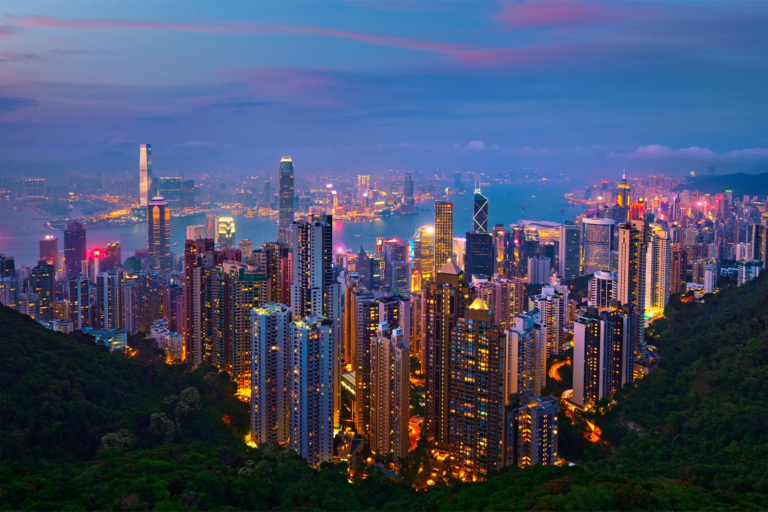 Alt Text: Hong Kong skyscrapers skyline cityscape view